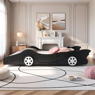 Sunvega Blue Twin Size Race Car-Shaped Platform Bed with Wheels for Kids