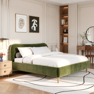 Sunvega King Upholstered Platform Bed with Curved Headboard in Oatmeal Chenille