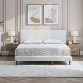 Sunvega White Faux Leather Upholstered Queen Bed with Adjustable Headboard