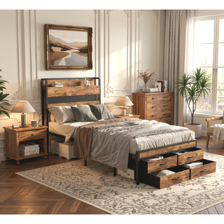 Sunvega Twin Size Bed Frame with Storage Drawers Headboard Charging Station and Smart LED Lights