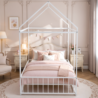 Sunvega Full Size Playhouse Metal Bed Frame with Fence for Kids and Teens