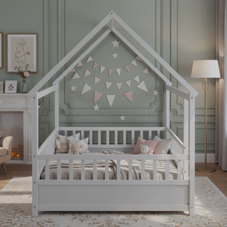 Sunvega Twin Size Floor Wooden Bed with House Roof Frame and Fence Guardrails