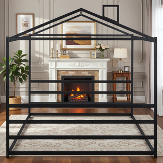 Sunvega Black Metal House Shape Platform Bed Frame with Slats for Queen Size