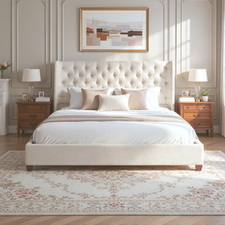 Sunvega Manhattan Shelter King Platform Bed Frame with Wingback Headboard in Light Beige Linen