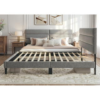 Sunvega Queen Upholstered Pleated Bed in a Box with Sturdy Dark Brown Frame