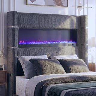 Sunvega Queen Upholstered Wingback Panel Bed with Remote Controlled Flame Box
