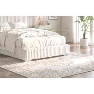Sunvega Contemporary White Fur Chenille Fabric Mattress Ready Queen Size Bed
