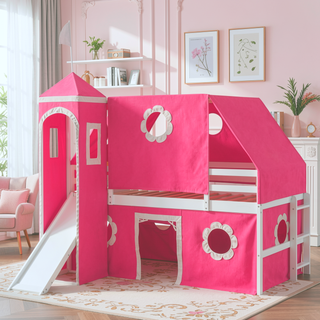 Sunvega Twin Size Loft Bed with Slide Blue Tent and Playhouse Tower for Kids