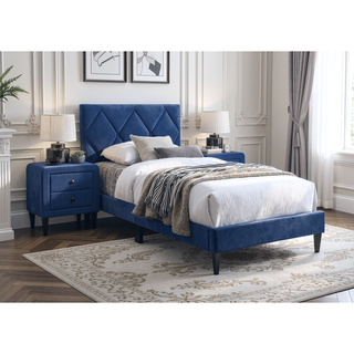 Sunvega Navy Blue Velvet Tufted Headboard Full Size Youth Bed Frame
