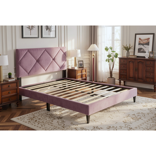 Sunvega Adjustable Velvet Upholstered Twin Bed with 12 Slat Support System