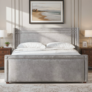 Sunvega Silver Grey Polyester Upholstered King Bed with Iron Nailhead Accents