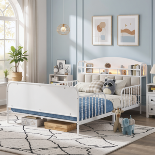 Sunvega Kids Full Metal Bed with Upholstered Headboard LED Lights and Storage