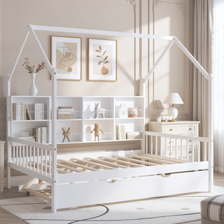 Sunvega Wooden Twin Size House Bed with Trundle and Playhouse Design Shelf