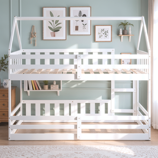 Sunvega Twin over Twin House Bunk Bed with Fence and Door in Gray