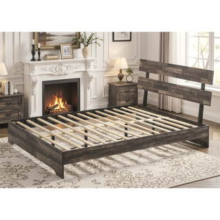 Sunvega Rustic Queen Platform Bed Slat Headboard with Brown Finish Wood Veneers