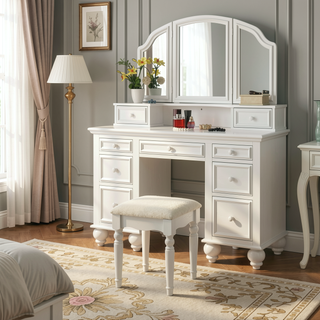 Sunvega Transitional White Vanity Set with Stool Knob Handles Storage Drawers
