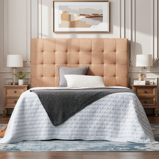 Sunvega Beige Linen-Inspired Upholstered Tufted Headboard for Full XL Beds