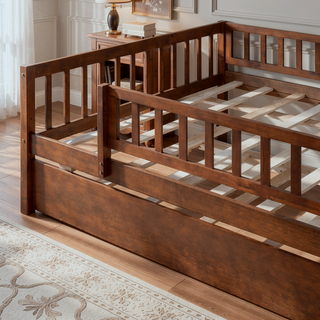 Sunvega Natural Twin Size Wood Daybed with Trundle and Fence Guardrails
