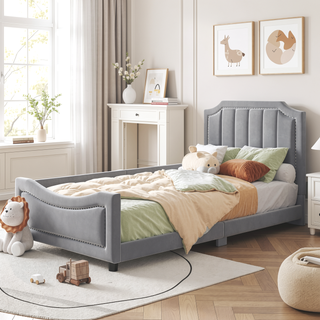 Sunvega Twin Size Upholstered Daybed with Stripe Headboard for Kids Bedroom