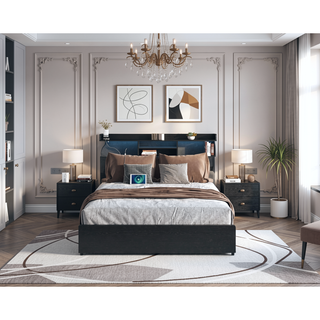 Sunvega Queen Storage Bed Frame with Headboard Charging Station and 4 Drawers