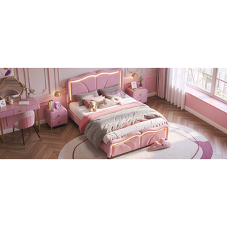 Sunvega Pink Twin Size Upholstered Bed with Height-Adjustable Headboard and LED Light Strips