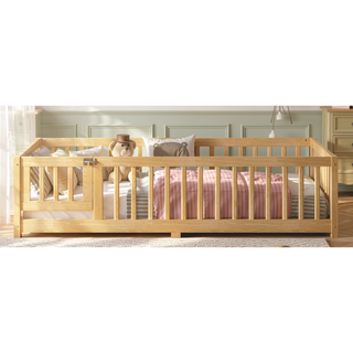 Sunvega Twin Size Floor Bed with Safety Guardrails and Door for Kids in Natural
