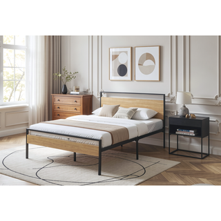 Sunvega Open Frame Metal and Wood Platform Bed with Headboard and Footboard, King, Brown