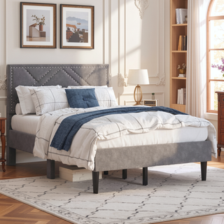 Sunvega Luxurious Queen Bed Frame with Linen Storage Headboard and Under Bed Storage