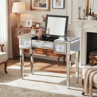 Sunvega Mirrored Makeup Vanity Desk with Crushed Diamond Inlay and Flip-Top Mirror