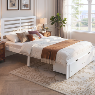 Sunvega White Full Size Platform Bed with Drawers for Extra Storage