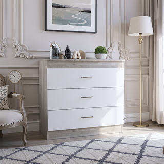 Sunvega Melia Three Drawer Dresser with Metal Hardware in Light Gray and White
