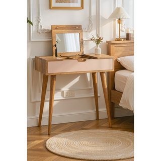 Sunvega Solid Mango Wood Dressing Table with Blush Pink Drawer and Foldable Mirror