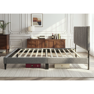 Sunvega Queen Upholstered Pleated Bed in a Box with Sturdy Dark Brown Frame