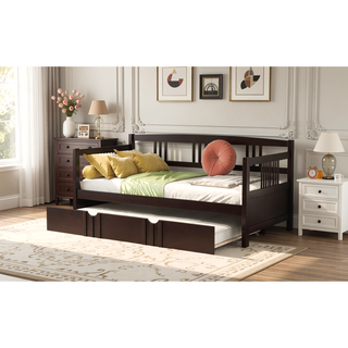 Sunvega Full Size Daybed with Twin Trundle Solid Wood Frame for Living Room