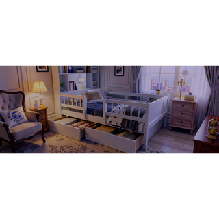 Sunvega White Twin Size Wood Platform Bed with LED Light Headboard and 2 Drawers