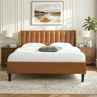Sunvega Handmade Vertical Tufted Headboard Platform Bed Set in Light Beige Linen