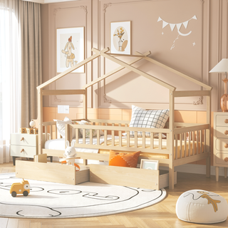Sunvega Twin Size Wooden House Bed with Two Drawers and Headboard in White