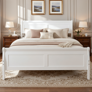 Sunvega Classic White Oak Queen Platform Bed with Headboard and Wood Slat Support