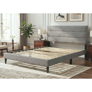 Sunvega Queen Upholstered Pleated Bed in a Box with Sturdy Dark Brown Frame