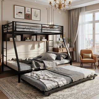 Sunvega High-Stability Square Tube Bunk Bed with Ladder & Rolling Trundle for Home Dormitory