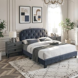 Sunvega Queen Size Charcoal Burlap Button Tufted Headboard Bed with Nailhead Trim