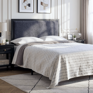 Sunvega Navy Queen Upholstered Headboard with Metal Trim and Modi Plates
