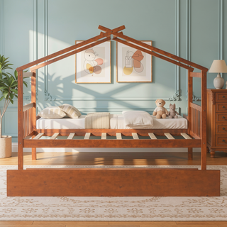 Sunvega Twin Size Wooden House Bed with Trundle and Headboard for Kids Room