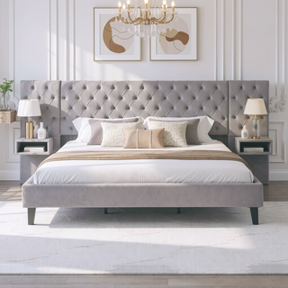 Sunvega King Size Velvet Upholstered Platform Bed with Headboard and Nightstands