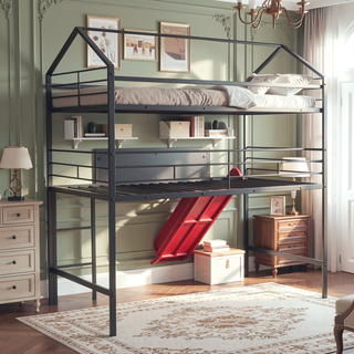 Sunvega Twin Size Metal Loft Bed with Slide and Two-Sided Writable Wooden Board