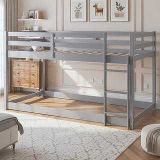 Sunvega Twin over Twin Floor Low Bunk Bed with Ladder for Kids Bedroom
