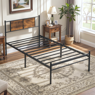 Sunvega Twin Size Metal Bed Frame with Wood Panel Headboard and Under Storage