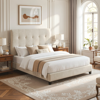 Sunvega Beige Upholstered Queen Size Platform Bed with Padded Headboard