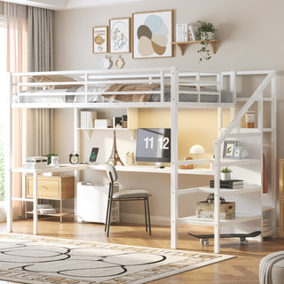 Sunvega Twin XL Loft Bed with Wardrobe Stairs USB LED Light and Desk