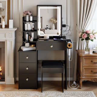 Sunvega Small Size Left Bedside Cabinet Vanity Table with Cushioned Stool and LED Mirror
